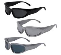 Pack de 3 gafas de sol Y2K, ovaladas vintage futuristas gafas de sol, grandes modelos envolventes UV400 para hombre y mujer (negro, plateado)