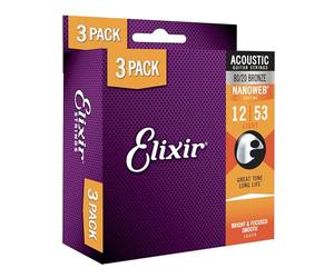 Pack de 3 juegos de cuerdas - Cuerdas de guitarra acústica Elixir® Strings de bronce en proporción 80/20 con recubrimiento NANOWEB®, calibre ligero (.012-.053)