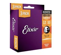 Pack de 3 juegos de cuerdas - Cuerdas de guitarra acústica Elixir® Strings de bronce fosforado con recubrimiento NANOWEB®, calibre ligero (.012-.053)