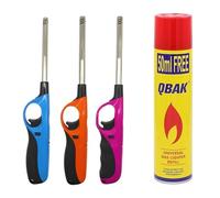 Pack de 3 Mecheros Encendedores de Cocina Largos 27cm + Bote de Gas para Recarga 300ml. para Barbacoa, Chimenea, Estufa. Gas para Soplete y Mechero (Colores aleatorios)