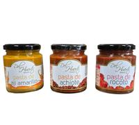 Pack de 3 Pastas Del Huerto - Aji Amarillo, Achiote y Rocoto - ¡Descubre la Auténtica Cocina Peruana! 212 gr por Frasco"