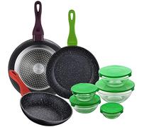 PACK DE 3 SARTENES DE 20/24/28CM EN ALUMINIO FORJADO + SET DE 5 PC BOLES CON TAPA VERDE