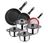 Batería de Cocina 4 cacerolas (1,9L + 2,7L + 3,5L + 5,1L) con 4 Tapas de Vidrio y 3 sartenes Ø16Ø20Ø24 en Acero Inoxidable apta para inducción