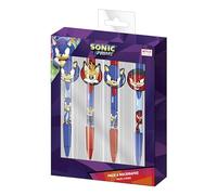 Pack de 4 Bolígrafos de Sonic - Incluye 2 Bolis Azules y 2 Bolis Morados - Con Broche de los Personajes - Elaborados con un 60 % de Plástico y un 40% de Goma - Producto Original Diseñado en España