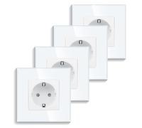Pack de 4 CNBINGO Enchufe de pared empotrable de cristal en blanco - Simple enchufe Schuko con protección para niños - Enchufe de pared de 16 A con marco de cristal
