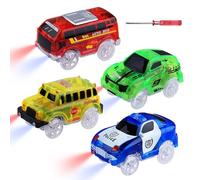 Pack de 4 coches de juguete mágicos que brillan en la oscuridad, coche de policía, autobús escolar, coche deportivo con 5 luces LED intermitentes para niños 3, 4, 5, 8 años, carriles de repuesto