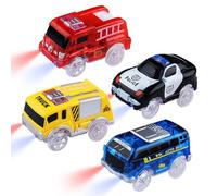 Pack de 4 coches de juguete Tracks Cars Magic Autos brillan en la oscuridad para niños de 3 a 8 años, coche de policía, autobús, camiones de bomberos, camiones con 5 luces LED, repuesto de juguete