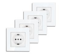 Pack de 4 enchufes Schuko empotrables con garras, enchufe individual con cristal templado, enchufe de pared con toma de tierra, color blanco, 1 compartimento, 16 A, 250 V