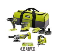 Pack de 4 herramientas, taladro percutor + amoladora 125 mm + sierra de calar + lijadora triangular + accesorios 18V ONE+™ (2x 4.0Ah)