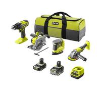 Pack de 4 herramientas, taladro percutor + amoladora angular 125mm + lijadora triangular + sierra circular de 150mm 18V ONE+™ (1x 2.0Ah, 1x 5.0Ah)