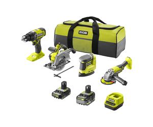 Pack de 4 herramientas, taladro percutor + amoladora angular 125mm + lijadora triangular + sierra circular de 150mm 18V ONE+™ (1x 2.0Ah, 1x 5.0Ah)