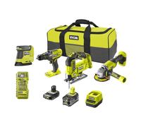 Pack de 4 herramientas, taladro percutor + amoladora + sierra de calar + lijadora + accesorios 18V ONE+™ (1x 5.0Ah y 1x 2.0Ah)