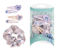 Pack de 4 Horquillas y 1 Coletero de Tela de Stitch - Color Rosa y Lila - Elaboradas con Materiales Resistentes - Estampado Inspirado en Stitch - Producto Original Diseñado en España