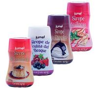 Pack de 4 unidades de Sirope JUMEL sin gluten multisabor fresa, caramelo, frutos rojos y chocolate. Formato antigoteo en botellas de 275g.