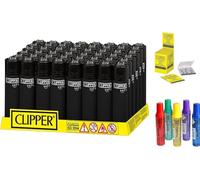 Pack de 48 Encendedores Clipper - Seguros y Recargables - Colores Variados - Refillable +5 Gas ISOBUTANO para MECHEROS + Clipper 9 Piedras de Mechero (Soft Touch All Black Negro)
