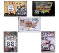 Pack de 5 Chapas Decorativas: Iconos de la Ruta 66 en Estilo Retro. Conjunto de 5 Placas Retro: Recorre la Histórica Ruta 66 desde tu Hogar | Medidas 20 x 30 cm.