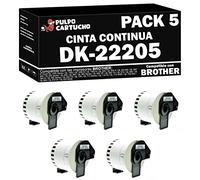 Pack de 5 Compatible Brother DK22205 - Etiquetas de Tamaño personalizado - Ancho 62mm x 30,48 metros - Texto negro - Cinta Continua DK-22205 de película plástica transparente