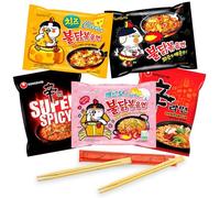 Pack de 5 Ramen Selección Top Cia&Co con Samyang Buldak Pollo Hot, Carbonara, Pollo Curry, Nongshim Spice y Super Spicy. Incluye 2 pares de palillos. Fideos instanteneos coreanos.