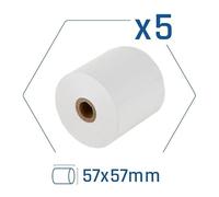 Pack de 5 rollos de papel térmico sin BPA 57x57 mm, ideal para impresoras de recibos y tickets.