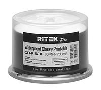 Pack de 50 discos grabables en blanco brillante para impresora Ritek Pro (grado profesional) CD-R 52X 700MB Watershield resistente al agua blanco brillante