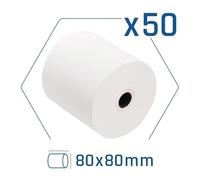 Pack de 50 rollos de papel térmico 80x80mm, sin BPA, ideales para tickets y recibos en impresoras térmicas.