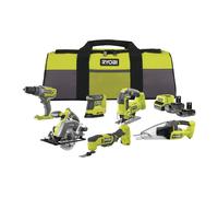 RYOBI 18V ONE+ Kit combinado inalámbrico 10 piezas RCK186O-242SZL (taladro de percusión, sierra de calar, sierra circular, herramienta multifunción, lijadora Delta, aspiradora de mano, batería 4.0Ah y