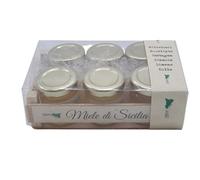 Pack de 6 Mieles Sicilianas sin pasteurizar 50g en sabores surtidos: Limón, Naranja, Eucalipto, Sulla, Millefiori, Castaña.