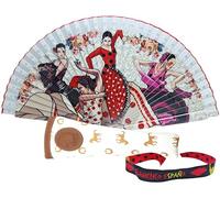 Pack de Abanico con Dibujo Baile Flamenco con Funda Artesanal Hecha en Ubrique y Pulsera de Tela - Diseño Tradicional Español Souvenir o Regalo (4 bailaoras Blanco)