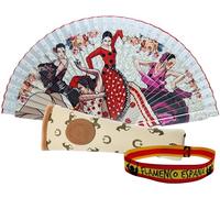 Pack de Abanico con Dibujo Baile Flamenco con Funda Artesanal Hecha en Ubrique y Pulsera de Tela - Diseño Tradicional Español Souvenir o Regalo (4 bailaoras Blanco Perla)