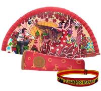 Pack de Abanico con Dibujo Baile Flamenco con Funda Artesanal Hecha en Ubrique y Pulsera de Tela - Diseño Tradicional Español Souvenir o Regalo (Bailaora y Guitarrista)