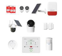 Pack de Alarma para casa conectada Touch Ultra - Cámara Exterior Solar giratoria, cámara Interior HD, Sirena Solar y Detector de Humo - Alexa & Google Home