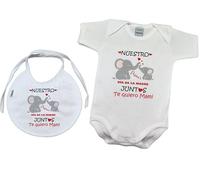 PACK de Babero + Body Bebé frase Nuestro Primer Día de la Madre Juntos Te quiero Mami (ELEFANTES) (9 MESES, PACK Body + Babero)