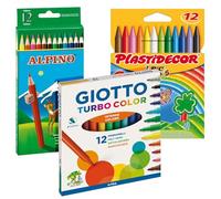 Pack de caja 12 Ceras Plastidecor / 12 Lapices Alpino / 12 Rotuladores Giotto