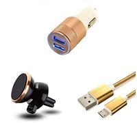 Pack de Coche para Samsung Galaxy J6+ (Cable Cargador de Metal Micro Micro + Adaptador de Encendedor de Coche + Soporte magnético (Oro)