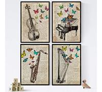 Pack de Cuatro láminas Vintage Piano, Arpa, Violin Y Saxon con definiciones música, emociones, comunicacion, Placer. Tamaño A4 - con Marco Negro A4.