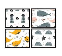 Pack de Cuatro Posters con Ilustraciones de Ballenas. Láminas con imágenes Infantiles de Ballenas. Ballenas Naranja Gris Faro y Estrella de mar. Tamaño A3 sin Marco…