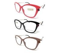 Pack de Gafas de lectura Diseño de última moda con strass. EXCLUSIVA. gafas de presbicia, vista cansada. VENICE Premium Perl - Dioptrías: 1 a 3,5 (Pack 3 Negro, Chocolate y Rojo, 3, diopters)