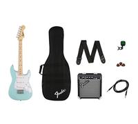 Pack de guitarra eléctrica Fender FSR Squier Electric Mini Stratocaster, color azul Daphne, ideal para principiantes. Incluye amplificador, cable, correa, púas y afinador de pinza.