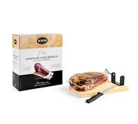 Pack de JAMON IBERICO Deshuesado. MINI JAMON IBERICO 50% raza ibérica con kit de mini jamonero y cuchillo. Aprox. 1 kg. Curación de más de 24 meses. Auténtica y deliciosa idea de regalo.