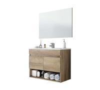Miroytengo Pack de Muebles de Baño en Color Roble Nordik formado por Mueble de Baño, Espejo y Lavabo Cerámico (Tamaño de la Columna Opcional)