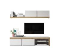 Pack de muebles de salón color blanco mate y roble natural con mueble tv, mesa centro y mesa comedor extensible