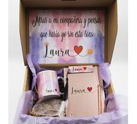 Pack de regalos mujer personalizado, taza de cerámica, margapaginas, agenda y caja decorada personalizada