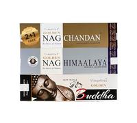 Pack de Varillas de Incienso Vijayshree Golden Nag - 300g - 3 Fragancias de 100g - (2+1 de Regalo) - Entre 80-90 Varillas de Cada Aroma - Chandan, Himaalaya y Buddha - Packaging Eco-Friendly