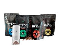 Pack Degustación BITOL | 4 Cafés de Especialidad 100% Arábica de Origen Único 4 x 125 gr + Molinillo Manual | Notas de Chocolate, Caramelo, Frutos Secos | Dulzura Natural | Equilibrado