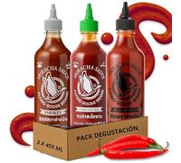 Pack degustación Flying Goose Salsas de chile Picante Sriracha Original 455 ml + Sriracha Black Out 455 ml + Siracha Smokey Ahumada 455 ml, Ideal para dipear, hamburguesas y otros, 3 botes de 455 ml