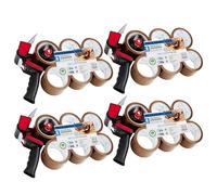 Pack Dispensador de Cinta Embalar con 6 Rollos de Cinta Adhesiva - Precinto Embalar Resistente Marrón, Cinta Frágil y Celo Transparente, Mudanzas, Transporte (Dispensador Marró, Juego de 4)