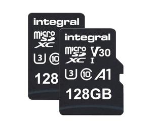 Pack Doble de Tarjetas microSD Integral 128GB, Alta Velocidad, vídeo 4K, hasta 100MB/s Lectura y 50MB/s Escritura, UHS-I, U3, V30, Clase 10, A1 - para móviles, Tablets, Drones y Consolas.