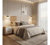 Pack Dormitorio: Cabecero de Matrimonio + 2 Mesitas de Noche de Melamina con 2 Cajones y Tiradores Negros de Melamina con Herrajes, Color Mauvella-Beig (Mesitas 43 x 39,6 x 33,5 cm | Cabecero 45 x 160