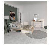 Pack dormitorio estilo nórdico izzy color blanco mate y roble kronberg cama y cómoda 145 cm