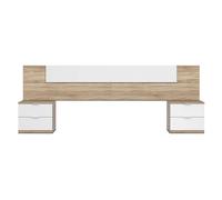 Pack dormitorio matrimonio completo en blanco y roble canadian (cama + armario + cabezal con mesitas + zapatero)